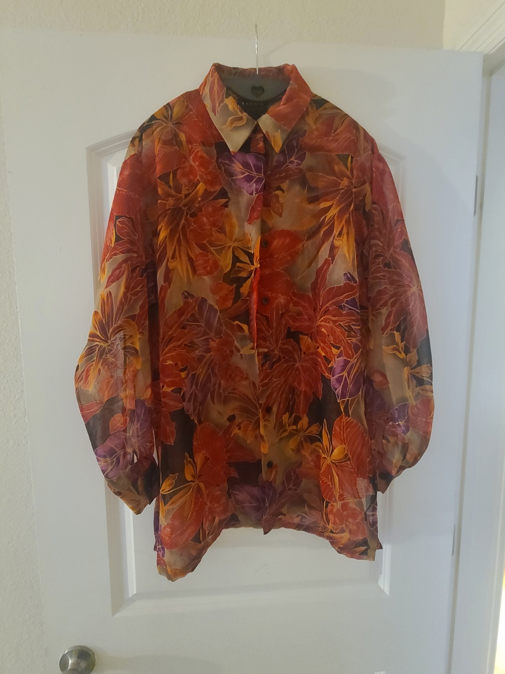 Virgo Sheer Floral Button-Up Blouse in Orange, Purple, Yellow